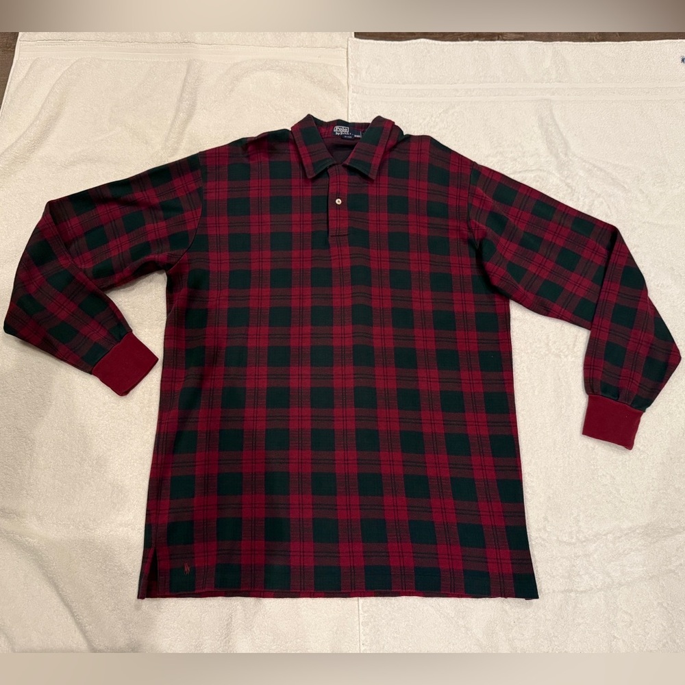 Vintage Mens Ralph Lauren Plaid L/S Polo, Button Loop Closure,Hong Kong,Large